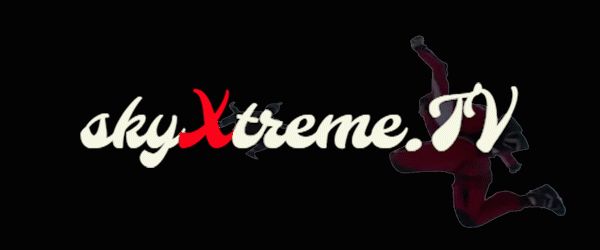 Live logo of SkyXtremeTv with skydivers experiencing freefall behind the letters
